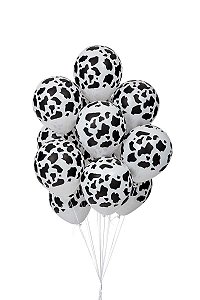 BALÃO DECORADO VACA MALHADA - BRANCO COM PRETO - PIC PIC Nº 10 - Pacote com 25 unidades
