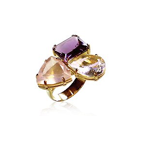 Anel Trio de Pedras Com Ametista Quartzo Rosa e Cristal de Quartzo