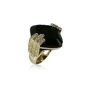 Anel Scudo Com Ágata Negra e Diamantes