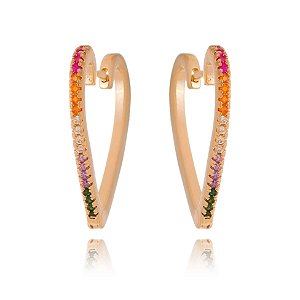 ARGOLA MÉDIA FOLHEADA A OURO 18K CORAÇÃO COM ZIRCÔNIAS COLORIDAS