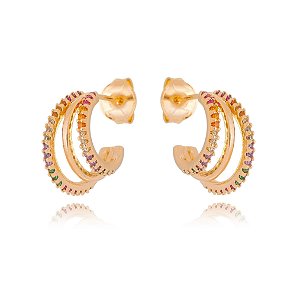 ARGOLA PEQUENA FOLHEADA A OURO 18K COM 3 AROS E ZIRCÔNIAS COLORIDAS