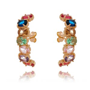 BRINCO EAR HOOK FOLHEADO A OURO 18K COM PEDRAS COLORIDAS