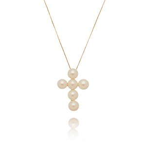 GARGANTILHA FOLHEADA A OURO 18KDE CRUZ COM PÉROLAS