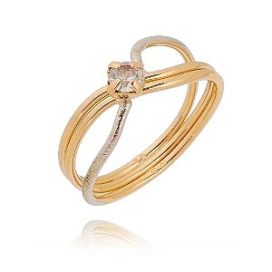 ANEL SOLITÁRIO TRÊS AROS COM PEDRA DE STRASS FOLHEADO A OURO 18K