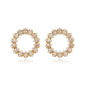 BRINCO FOLHEADO A OURO 18K REDONDO COM ZIRCÔNIAS