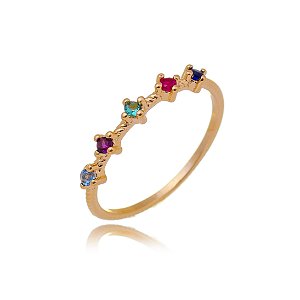 MEIA ALIANÇA FOLHEADA A OURO 18K COM ZIRCÔNIAS COLORIDAS