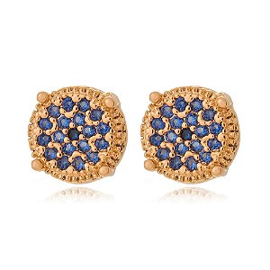 BRINCO REDONDO FOLHEADO A OURO 18K CRAVEJADO COM ZIRCÔNIAS SAFIRA