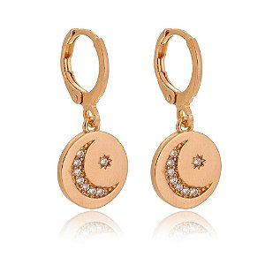 ARGOLA FOLHEADA A OURO 18K COM LUA E ESTRELA COM ZIRCÔNIAS