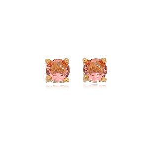 BRINCO PEQUENO FOLHEADO A OURO 18K COM ZIRCÔNIA ROSA