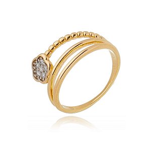 ANEL 3 LINHAS FLOR CRAVEJADA DETALHES EM BOLIHAS FOLHEADO OURO 18K