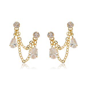 BRINCOS INTERLIGADOS COM CORRENTES CRAVEJADO COM ZIRCÔNIAS FOLHEADO OURO 18K