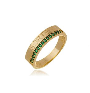 ANEL SORTE CRAVEJADO ZIRCÔNA ESMERALDA FOLHEADO OURO 18K