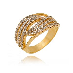ANEL LARGO LINHAS EM ONDAS CRAVEJADO COM ZIRCÔNIAS FOLHEADO OURO 18K