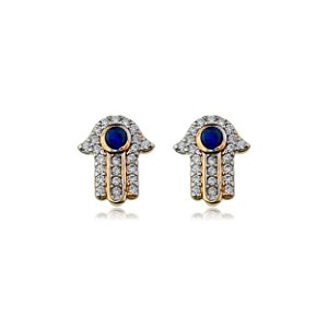 BRINCO MÃO DE FÁTIMA COM ZIRCÔNIAS BRANCAS E AZUL FOLHEADO OURO 18K