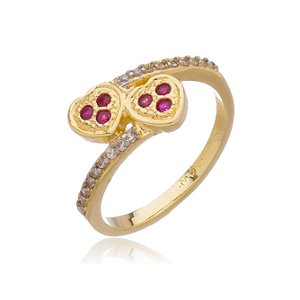 ANEL MEIA ALIANÇA DOIS CORAÇÕES COM ZIRCÔNIA ROSA FOLHEADO OURO 18K