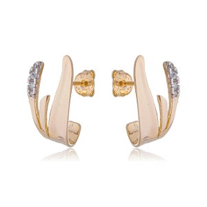 BRINCO TRÊS PÉTALAS CRAVEJADO COM ZIRCÔNIA FOLHEADO OURO 18K