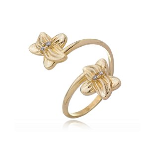 ANEL DUAS FLORES ZIRCÔNIA FOLHEADO A OURO 18K