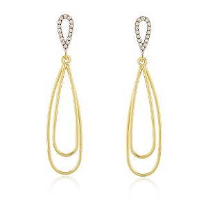 BRINCO GOTA DUPLO GRANDE COM ZIRCONIAS FOLHEADO A OURO 18K