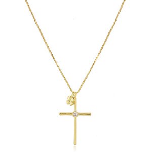 GARGANTILHA CRUZ COM TREVO FOLHEADO A OURO 18K