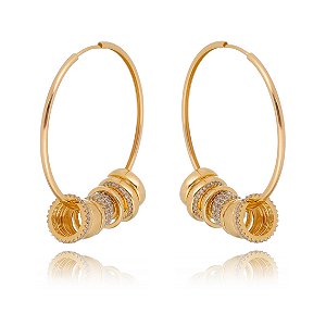 ARGOLA FOLHEADA 18K COM CÍRCULOS LISO E CRAVEJADOS COM ZIRCÔNIAS