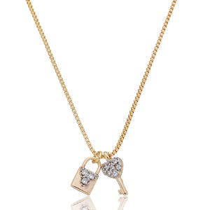 GARGANTILHA FOLHEADA A OURO 18K COM CADEADO E CHAVE COM ZIRCÔNIAS