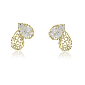 BRINCO FOLHEADO A OURO 18K DUAS GOTAS TRABALHADAS COM ZIRCÔNIA