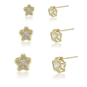 TRIO DE BRINCOS FOLHEADOS A OURO 18K COM ESTRELA ZIRCÔNIA