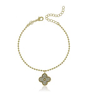 PULSEIRA FOLHEADA A OURO 18K TREVO COM ZIRCÔNIAS