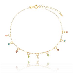 TORNOZELEIRA FOLHEADA A OURO 18K COM CRISTAIS COLORIDOS 22cm