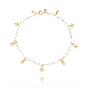 TORNOZELEIRA FOLHEADA A OURO 18K LUA, CORAÇÃO E ESTRELA 24cm