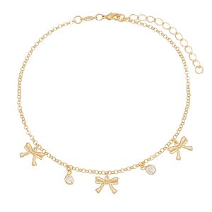 TORNOZELEIRA FOLHEADA A OURO 18K LAÇOS E CRISTAL 23cm
