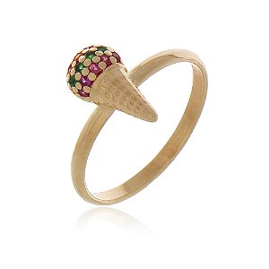 ANEL INFANTIL SORVETE FOLHEADO A OURO 18K COM ZIRCÔNIAS COLORIDAS