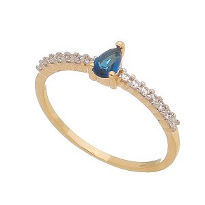 ANEL CRAVEJADO COM ZIRCONIAS AZUL E BRANCAS FOLHEADO A OURO 18K