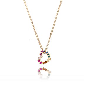 GARGANTILHA CORAÇÃO COM ZIRCÔNIAS COLORIDAS FOLHEADA A OURO 18K