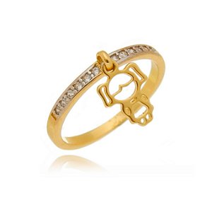 ANEL FOLHEADO A OURO 18K COM MENINA PENDURADA E ZIRCÔNIAS
