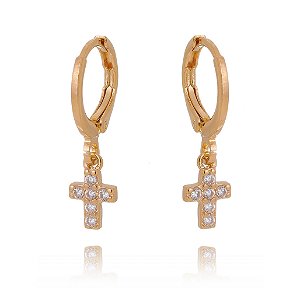 ARGOLA CRUZ PENDURADA COM ZIRCÔNIAS FOLHEADA A OURO 18K