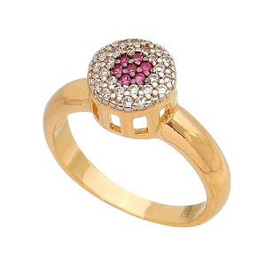 ANEL CHUVEIRO FOLHEADO A OURO 18K COM ZIRCONIAS RUBIS