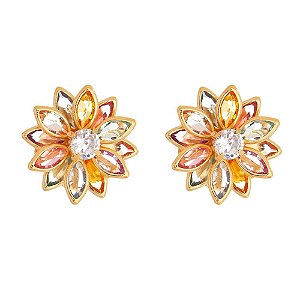 BRINCO FLOR ZIRCONIA NAVETE COLORIDA FOLHEADO A OURO 18K