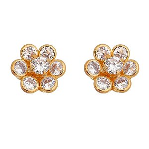 BRINCO FLOR FOLHEADO A OURO 18K COM ZIRCONIA