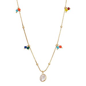GARGANTILHA FOLHEADA A OURO 18K COM BOLAS COLORIDAS E ZIRCONIA