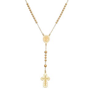 GARGANTILHA FOLHEADA A OURO 18K TERÇO COM CRUZ TRABALHADA 45CM