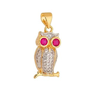 PINGENTE FOLHEADO A OURO 18K CORUJA COM ZIRCONIA OLHO ROSA