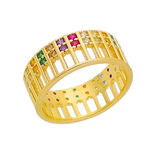 ANEL LARGO FOLHEADO A OURO 18K COM ZIRCONIAS COLORIDAS