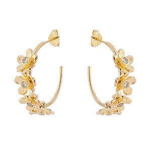 ARGOLA FOLHEADA A OURO 18K FLORES E ZIRCONIAS