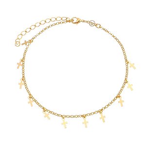 TORNOZELEIRA FOLHEADA A OURO 18K CRUZES PENDURADAS