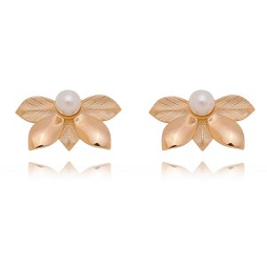 BRINCO FOLHEADO A OURO 18K FLOR E PEROLA