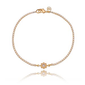PULSEIRA RIVIERA COM FLOR DE ZIRCÔNIA FOLHEADO A OURO 18K
