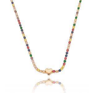 GARGANTILHA FOLHEADA A OURO 18K COM CORAÇÃO E ZIRCONIAS COLORIDAS