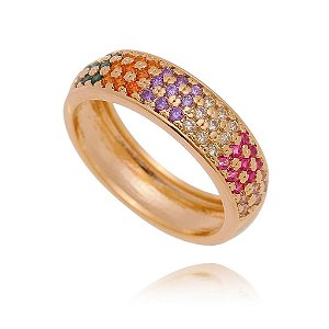 ANEL FOLHEADO A OURO 18K CRAVEJADO COM ZIRCÔNIAS COLORIDAS