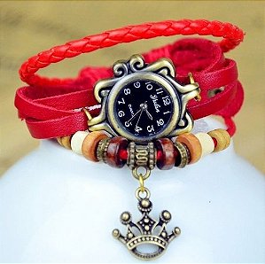 Relogio Vintage Couro  Cor : Vermelha